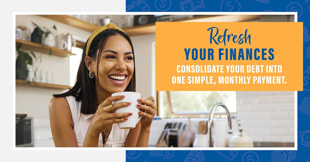 Image shows a smiling woman holding a white mug happy about her debt consolidation loan from houston highway credit union
